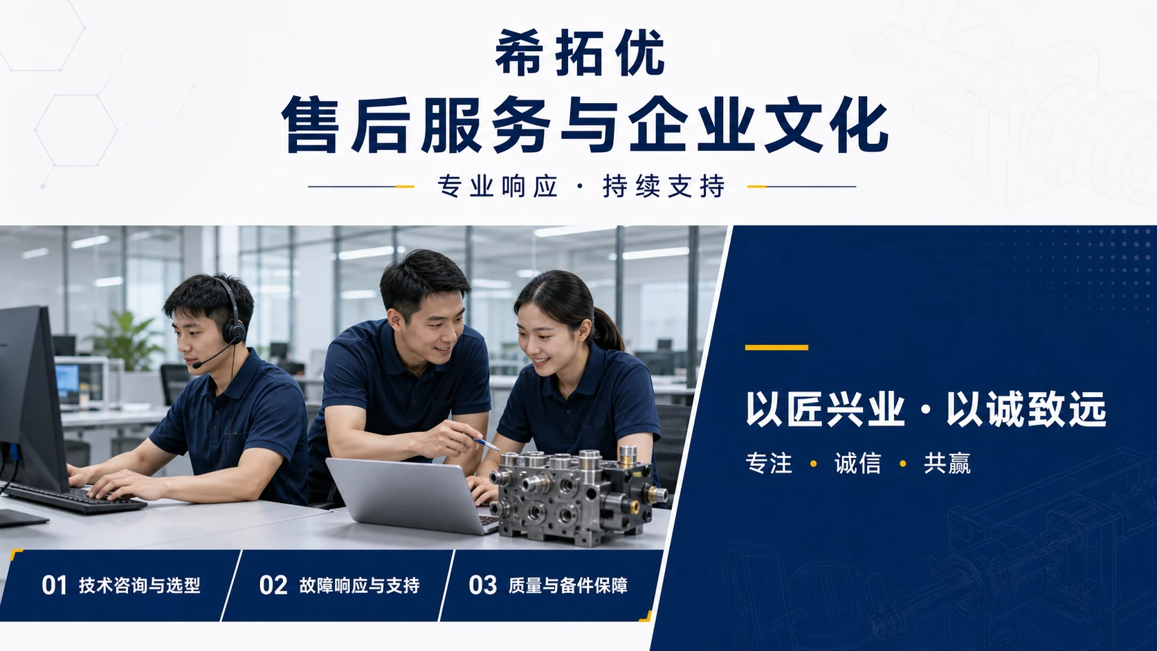 希拓优售后服务与企业文化，包括技术咨询、故障响应、质量与备件保障